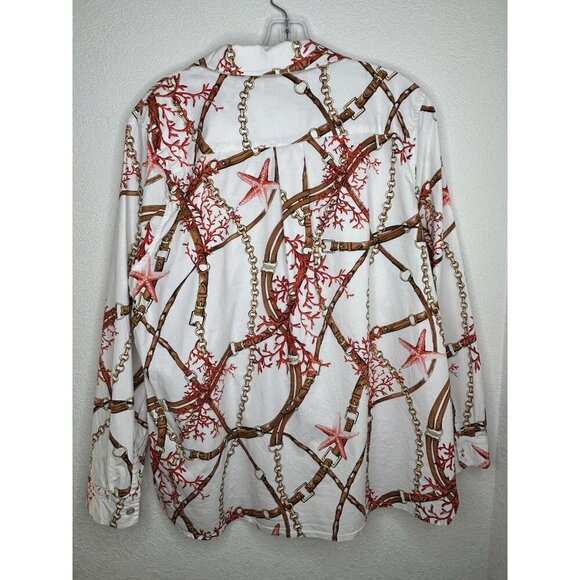 Susan Graver Top 14 Equestrian Chain Print Coastal Starfish Stretch Button Front - Picture 3 of 12